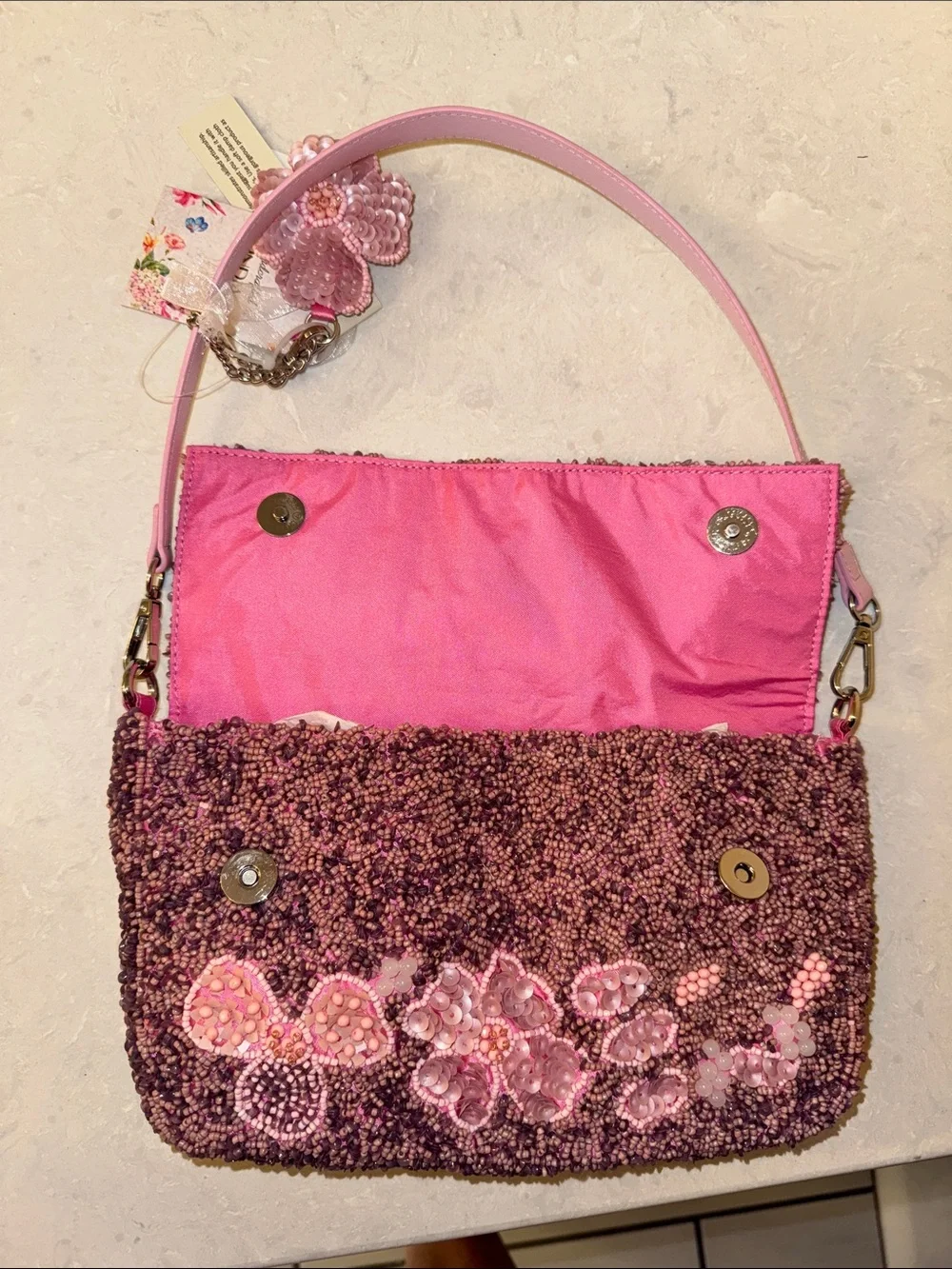 Handcrafted Pink Beaded Floral Shoulder Bag